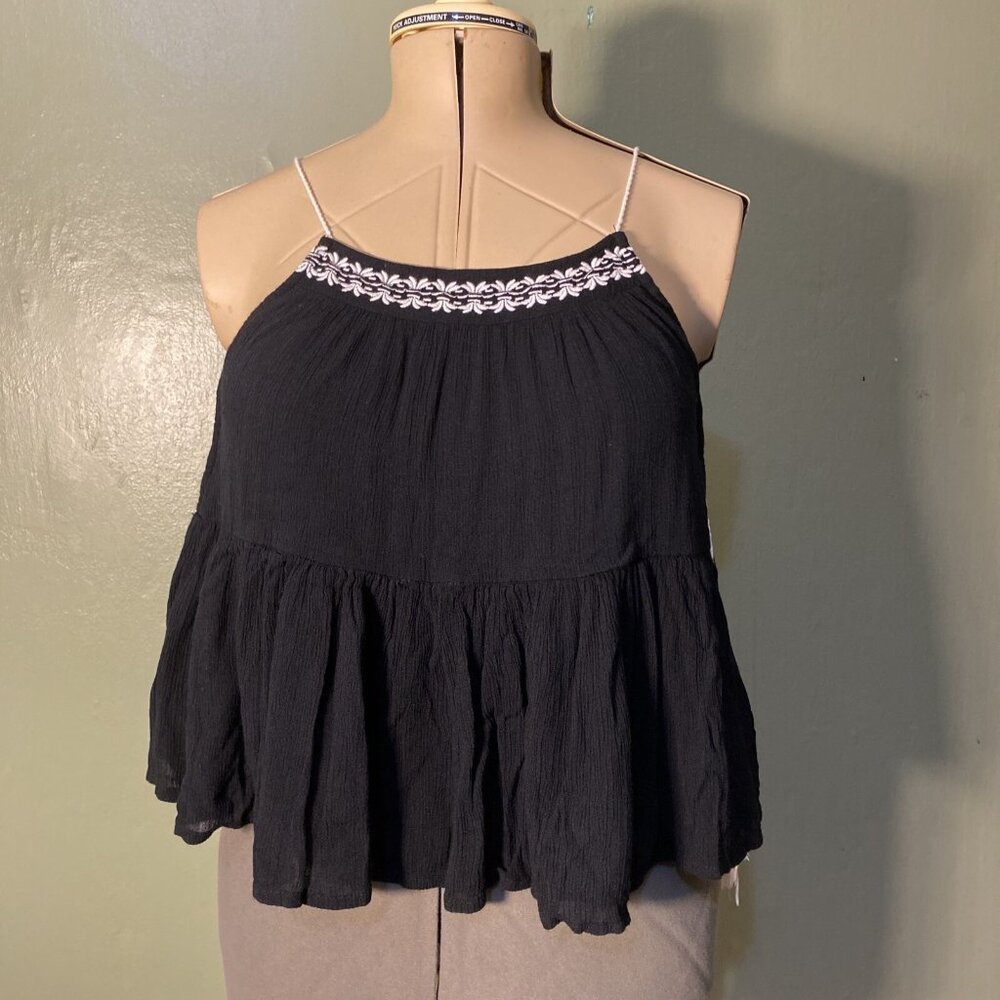 O'Neill Womens Black Cropped Boho Top Sleeveless Blouse Tassels Embroidered Sz S